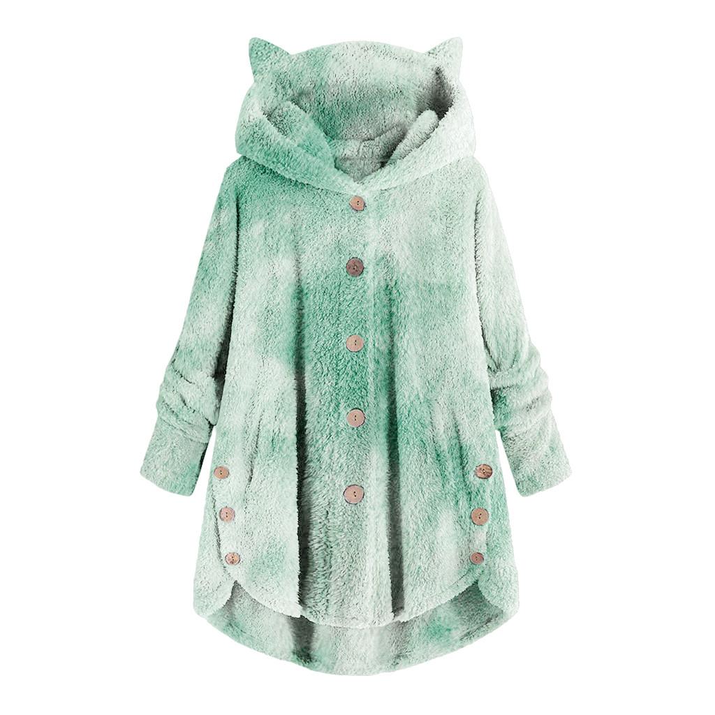 Women Fashion Plush Pocket Winter Tie-dyed Long Sleeve Keep Cat Ears Warm Coat