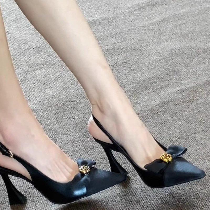 French Bow Knot High Heel Sandals for Women Sexy Back Strap Pointed Toe Sandalias Woman 2025 Office Patent Leather Sandals Mujer