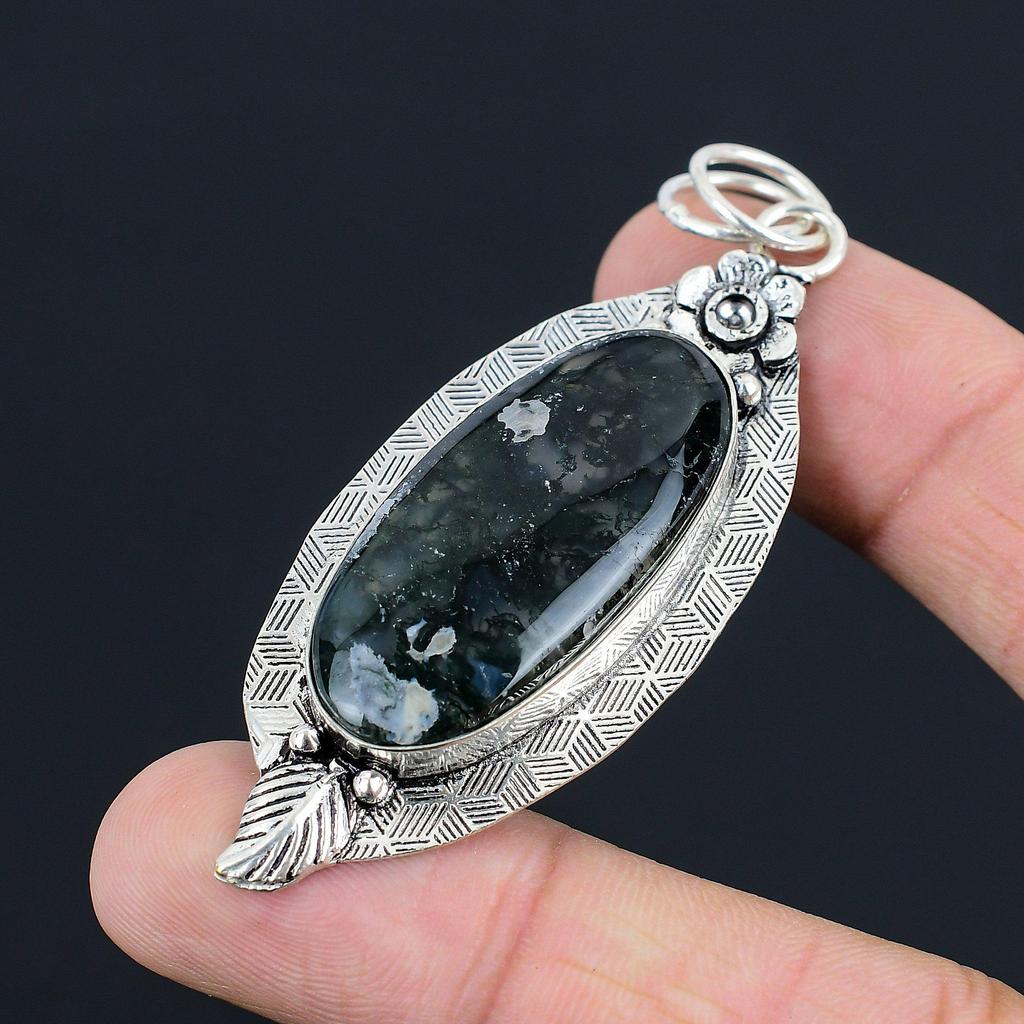 Natural Solar Moss Agate Handmade Trendy Sister Pendant Jewelry Sterling Silver