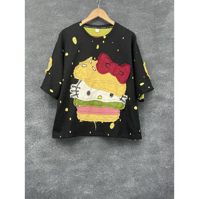 

Женская футболка с коротким рукавом, большого размера, с вышивкой, перфорированной нашивкой, свободный топ с рукавом до локтя 4XL чёрный