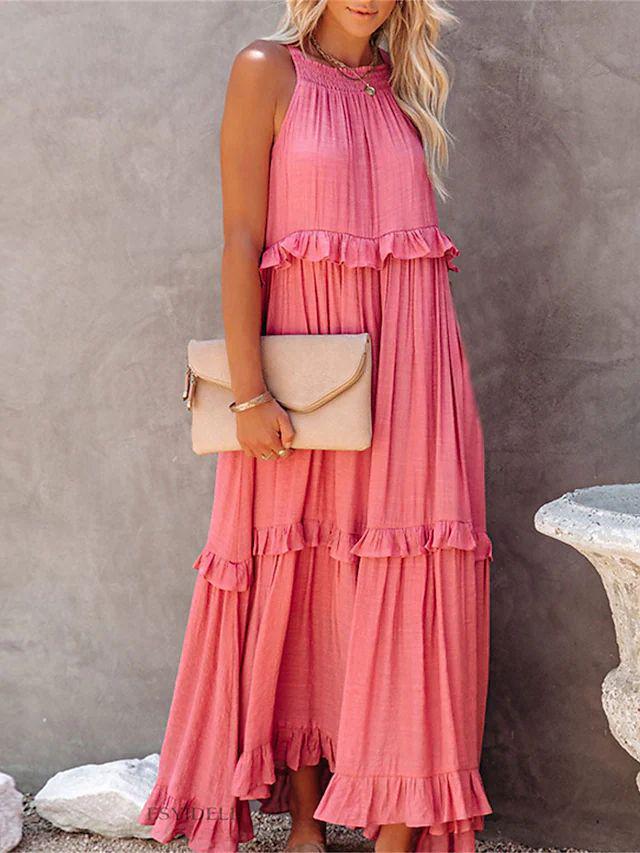 European and American 2025 Summer Ruffle Long Dress - Women's Flowing Holiday Beach Style