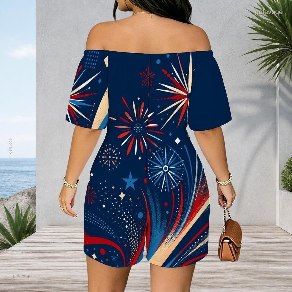 Women Plus Size Off Shoulder Short Sleeve Romper Abstract Geometric Graffiti Print Casual Jumpsuit Shorts
