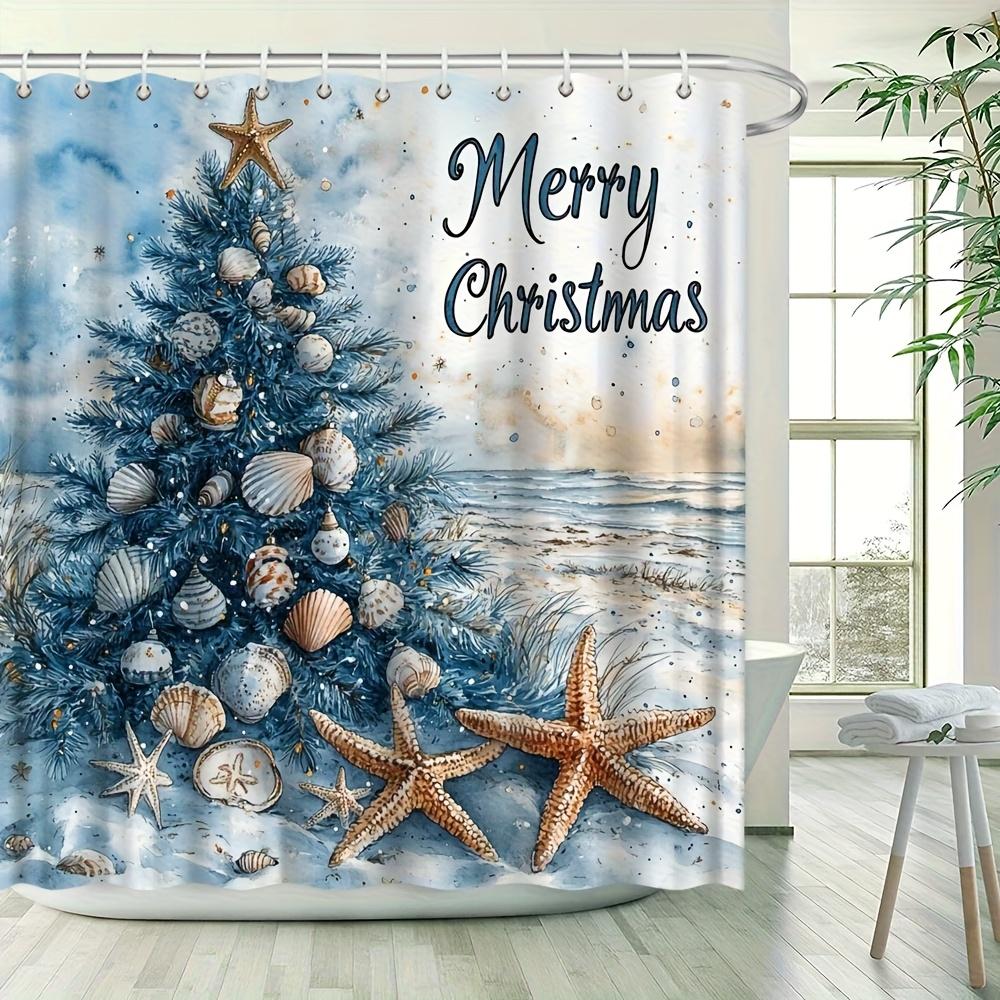 1 Stück Winterstrand & Weihnachtsbaum Duschvorhang - 70x70 Zoll Aquarell Seestern, Muscheln, Seestern & Schneeige Wellen Design, Badezimmer