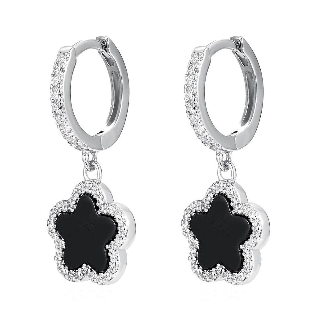 S925 Silber Vierblättrige Kleeblatt Ohrringe mit schwarzem Achat-Inlay - Luxuriöser High-End Echtsilber Schmuck