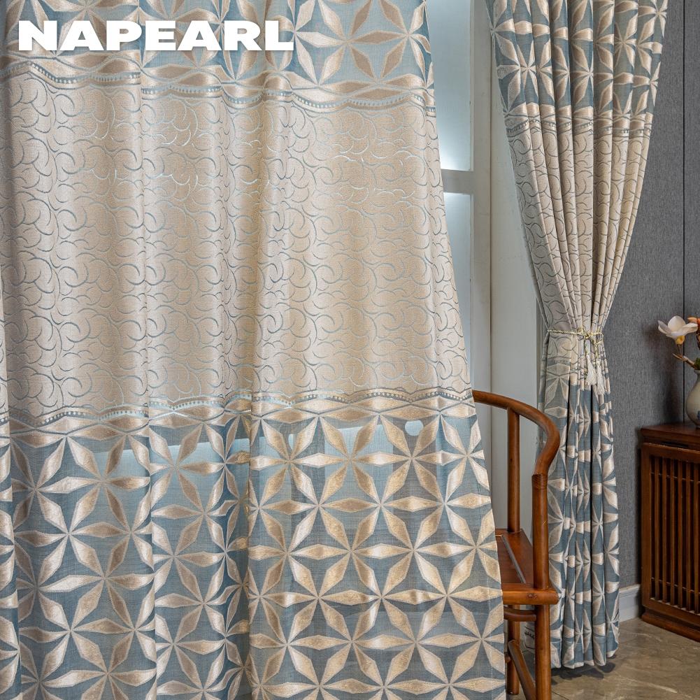 1 stk NAPEARL Europeisk Stil Moderne Blå Hul Jacquard Komfortable Gardiner for Stue Soverom Hjemmedekor