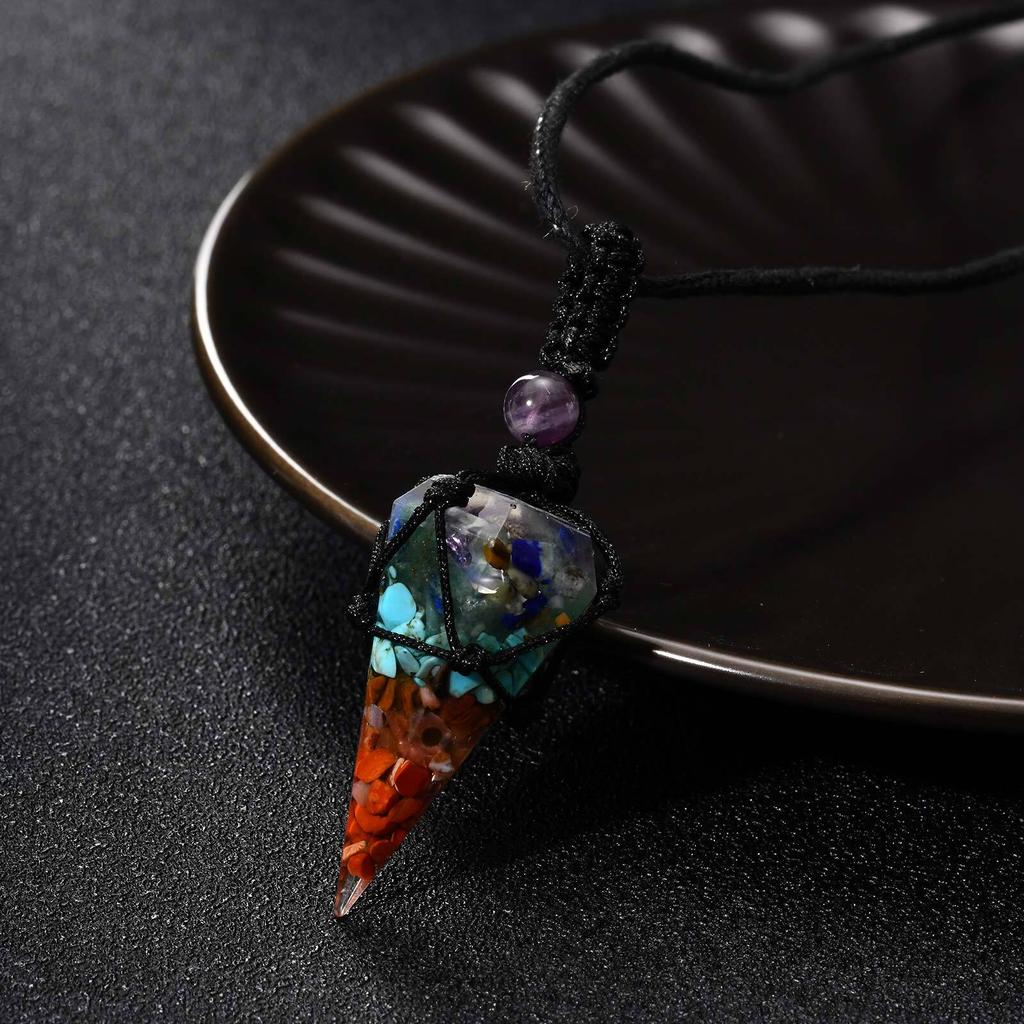 Natural Stone Pointed Necklace for Men,Adjustable Black Rope Healing Gemstone Pendant,Stylish Ethnic Cowboy Style Jewelry Gift