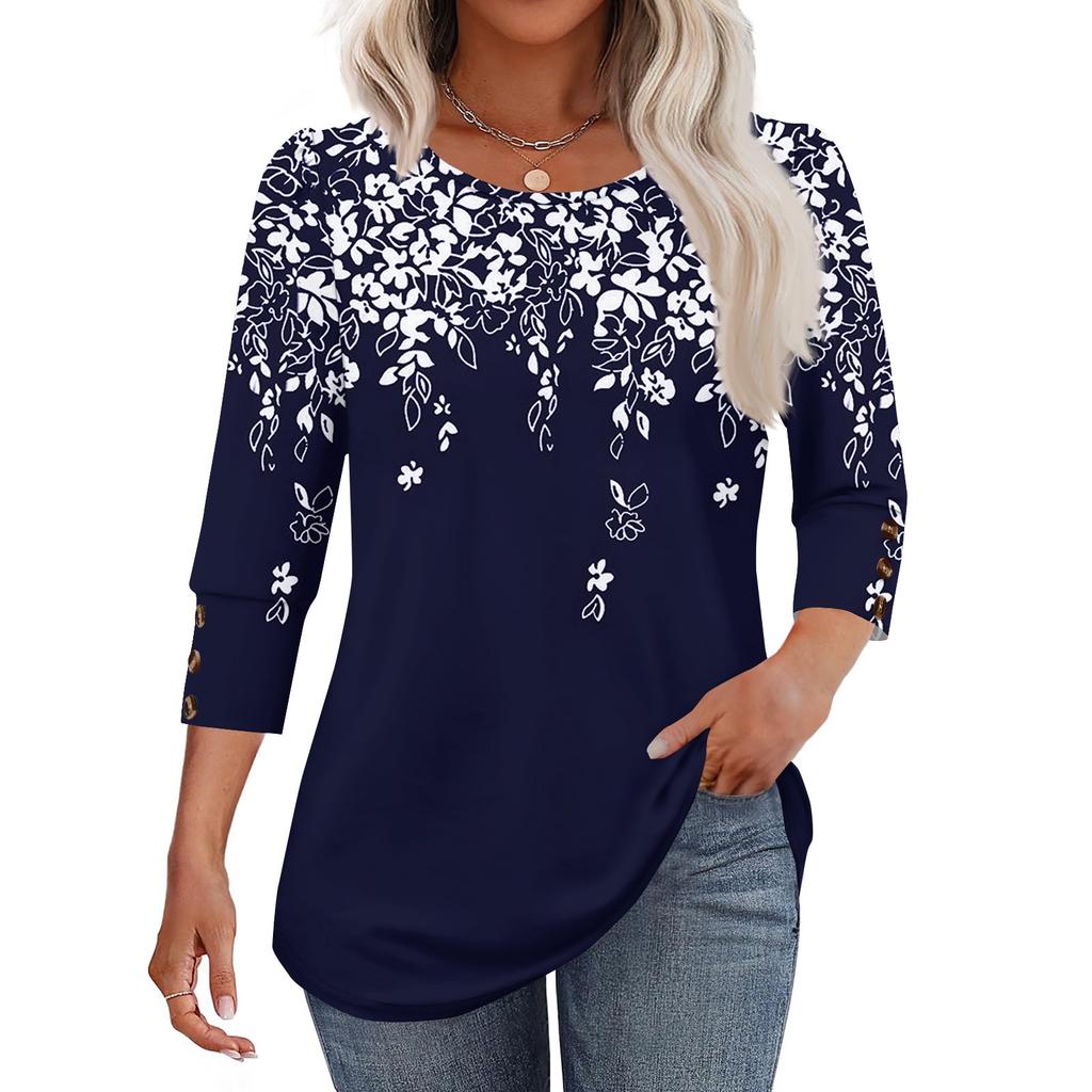 Women's Fashion Casual Vintage Floral Print Round Neck Sevenfold Sleeve T-shirt Top
