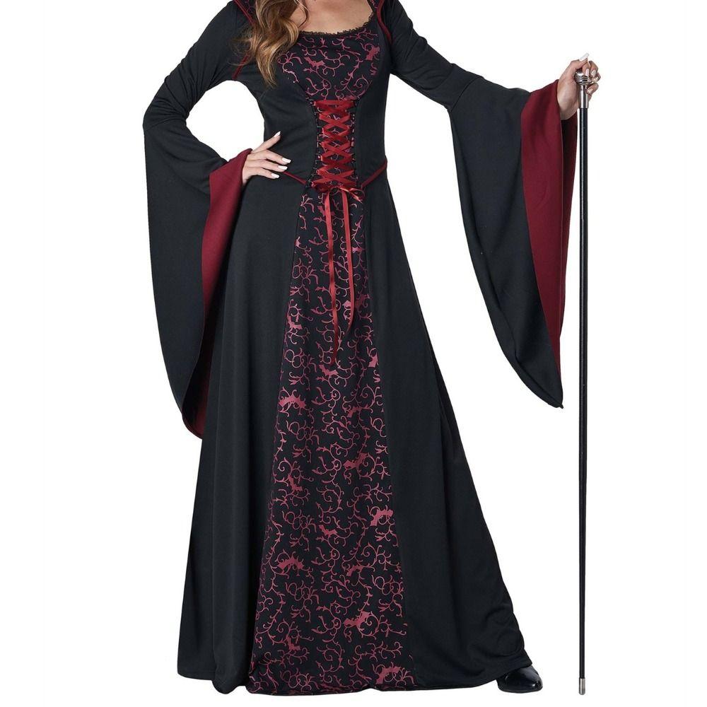 Stand Collar Halloween Witch Long Dress Bell Sleeve Children Medieval Printed Dress  Adults