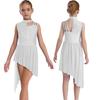 Girls Sleeveless Mock Neck Leotard Dress – Asymmetrical Shoulder Floral Lace with Rhinestones, Irregular Hem for Lyric Dance