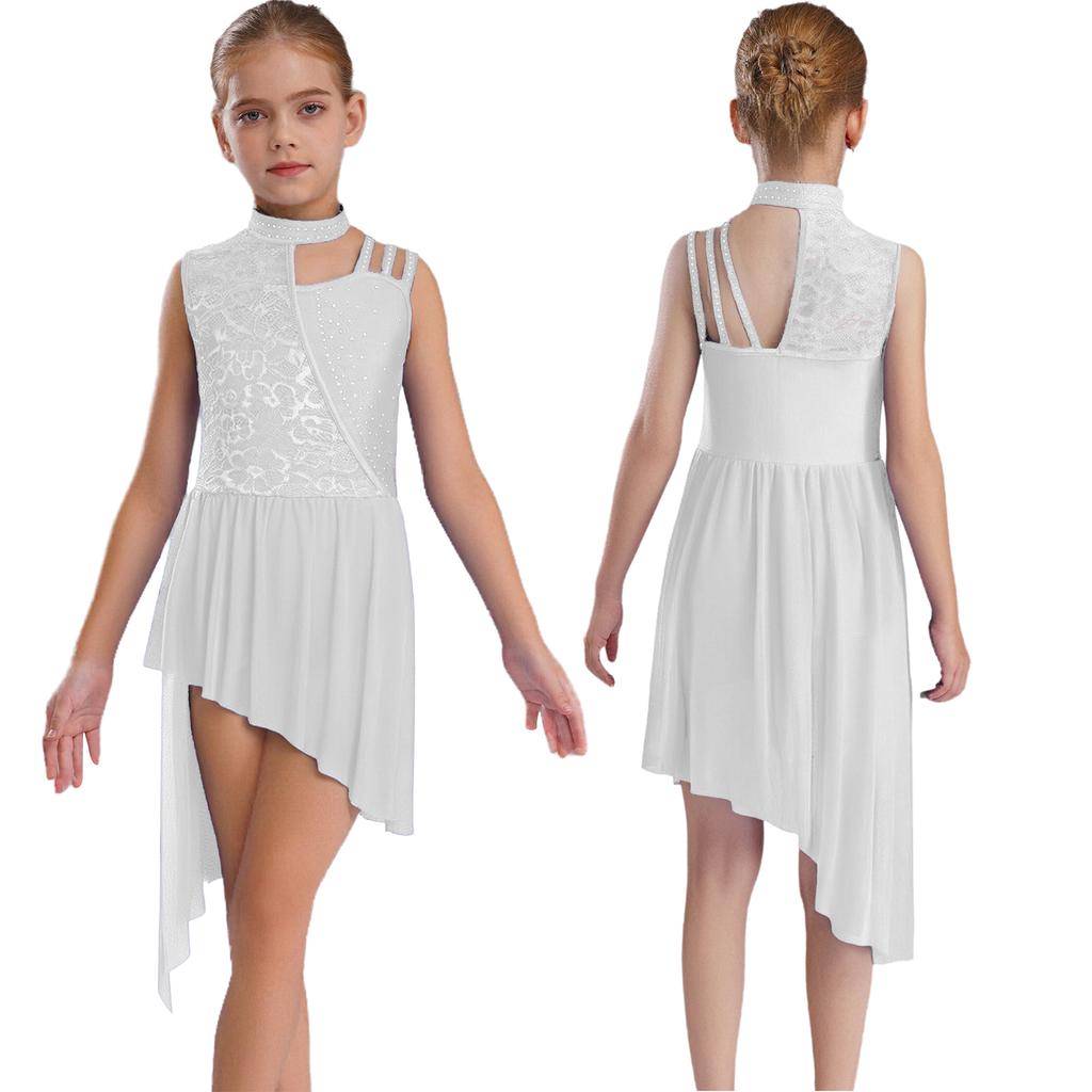Girls Sleeveless Mock Neck Leotard Dress – Asymmetrical Shoulder Floral Lace with Rhinestones, Irregular Hem for Lyric Dance