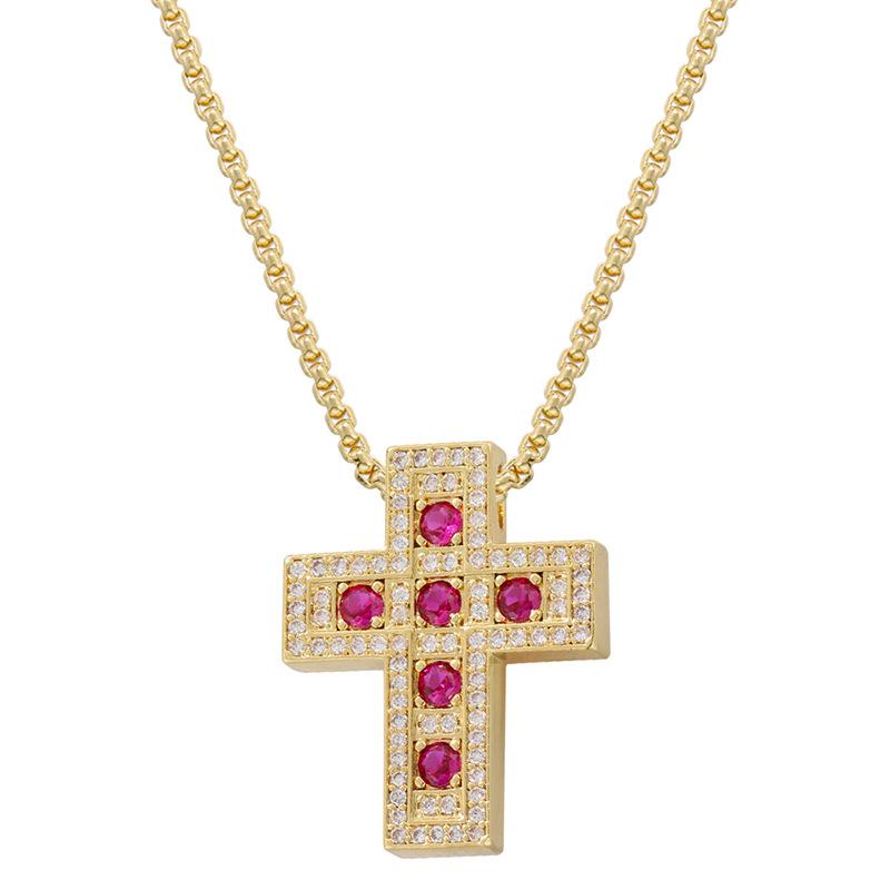 Light Luxury Copper With Colored Diamonds Cross Necklace Personalized Hip Hop Cross Pendant Collarbone Chain Vl390
