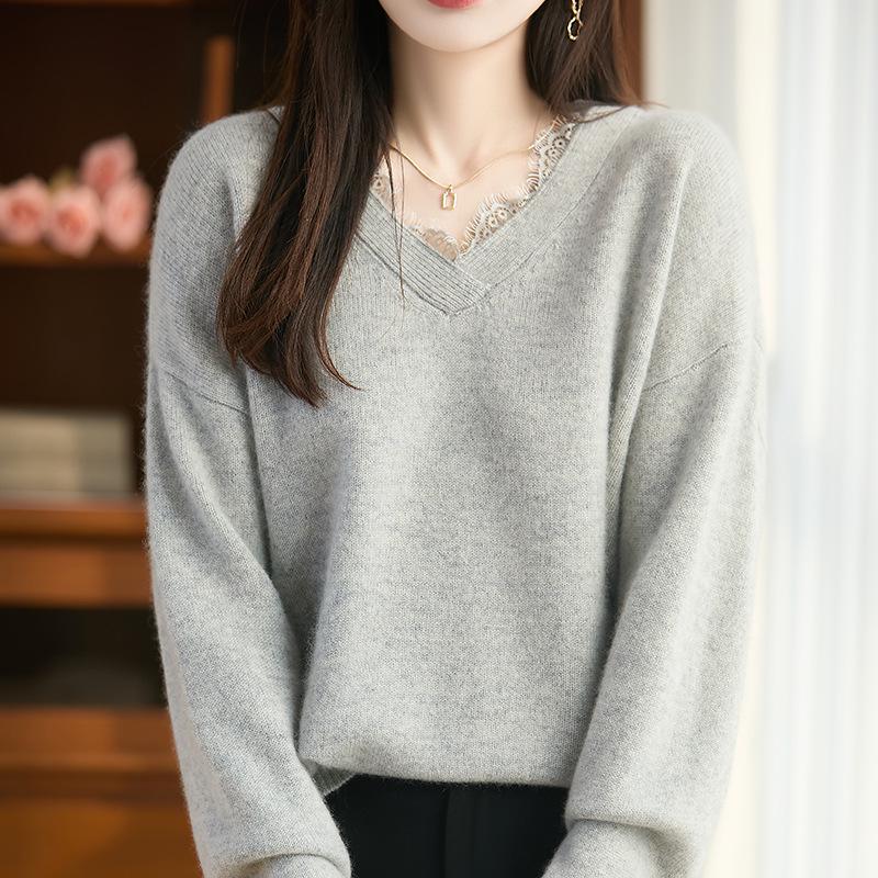 Women's Loose Fit Wool Pullover with Lace Trim & V-Neck – Thickened for Autumn/Winter