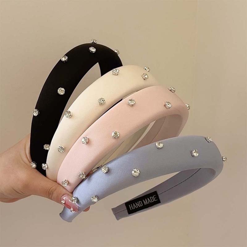 

Korean Rhinestone Sponge Hairband For Women Vintage Solid Color Wide Brim Puffy Puffy Hair Hoop Headband Hair Accessories