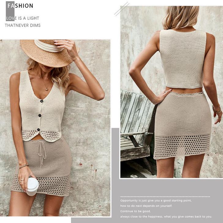 Damenrockanzug für Frühling und Sommer, gestrickte Weste mit V-Ausschnitt, Halbkörperrock, modisches Rockset in Volltonfarbe