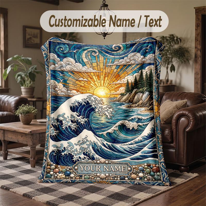 Ocean Waves Sun Theme Throw Blanket Custom Name Text Personalized Blanket Soft Cozy Blanket for Home Sofa Bed