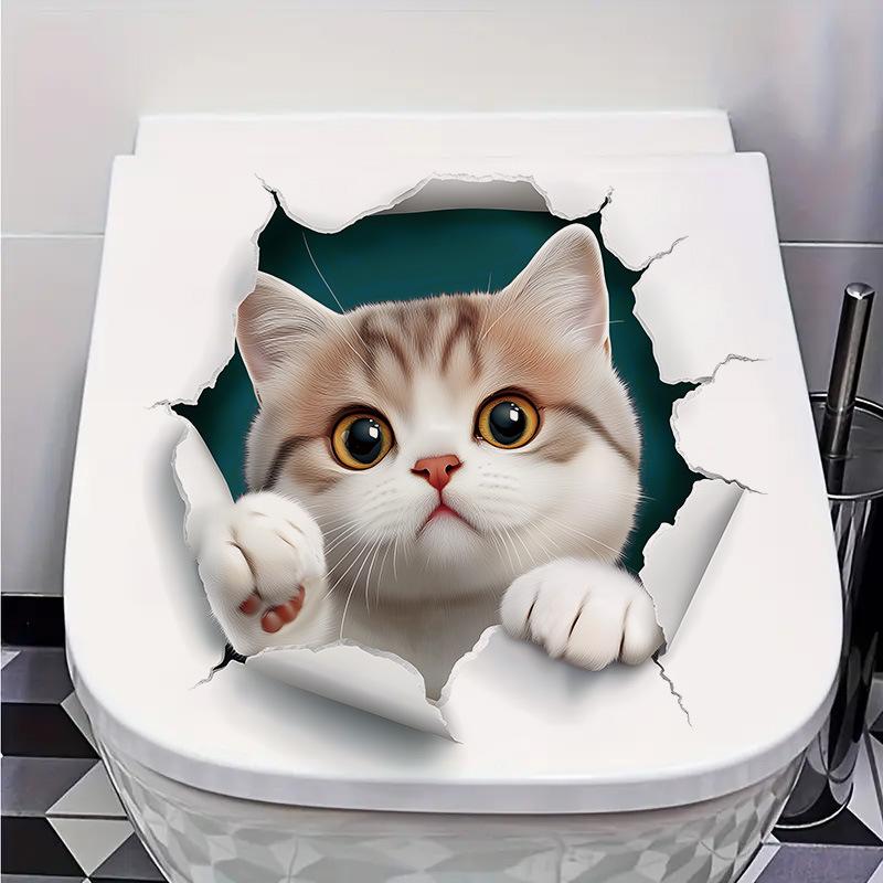 3D Cute Cartoon Cat Breaking Through Wall Toilet Sticker Self-Adhesive Waterproof Removable Bathroom Home Decor Art