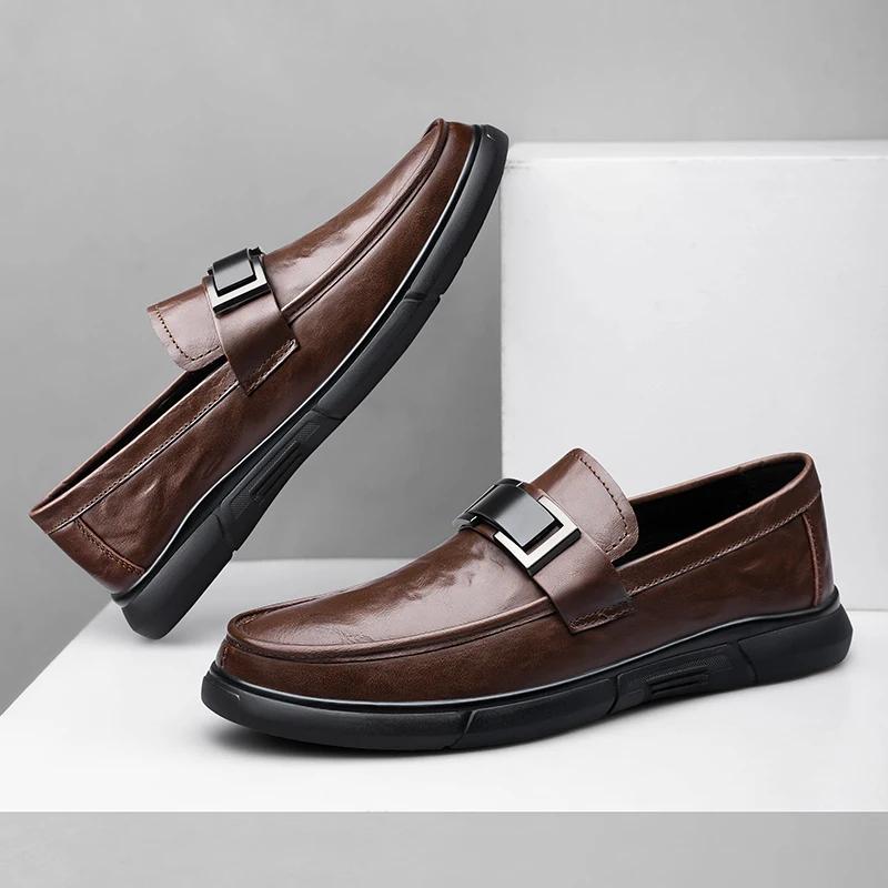Fashion New Metal Buckle Loafers for Men Brown Business Leather Shoes Soft Soled Casual Walking Moccasin Brand Comfortable Driving Shoes