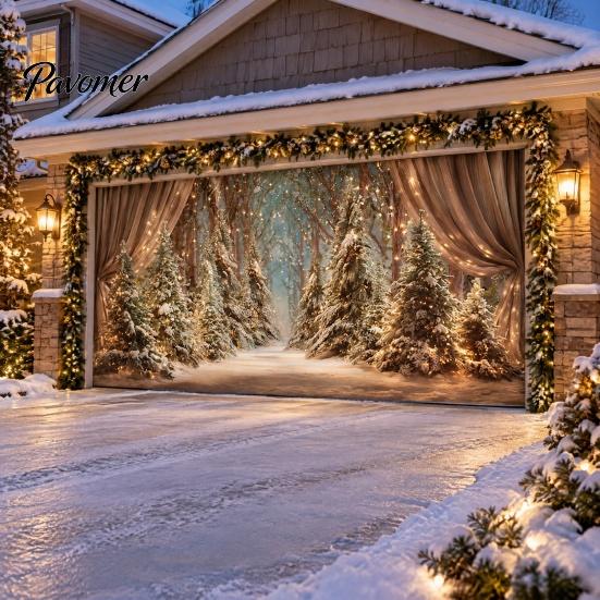 Seasonal Celebration Props Christmas Garage Door Cover, Winter Reindeer Barn/Santa Shop/Nativity Scene Holiday Party Backdrop Banner, Large