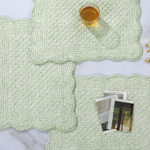 MABOZOO 100% Cotton Quilted Placemats, Set of 6, Washable Fabric Placemats for Kitchen & Dining Tables, Rectangular, White, Green, Floral Plate Mats