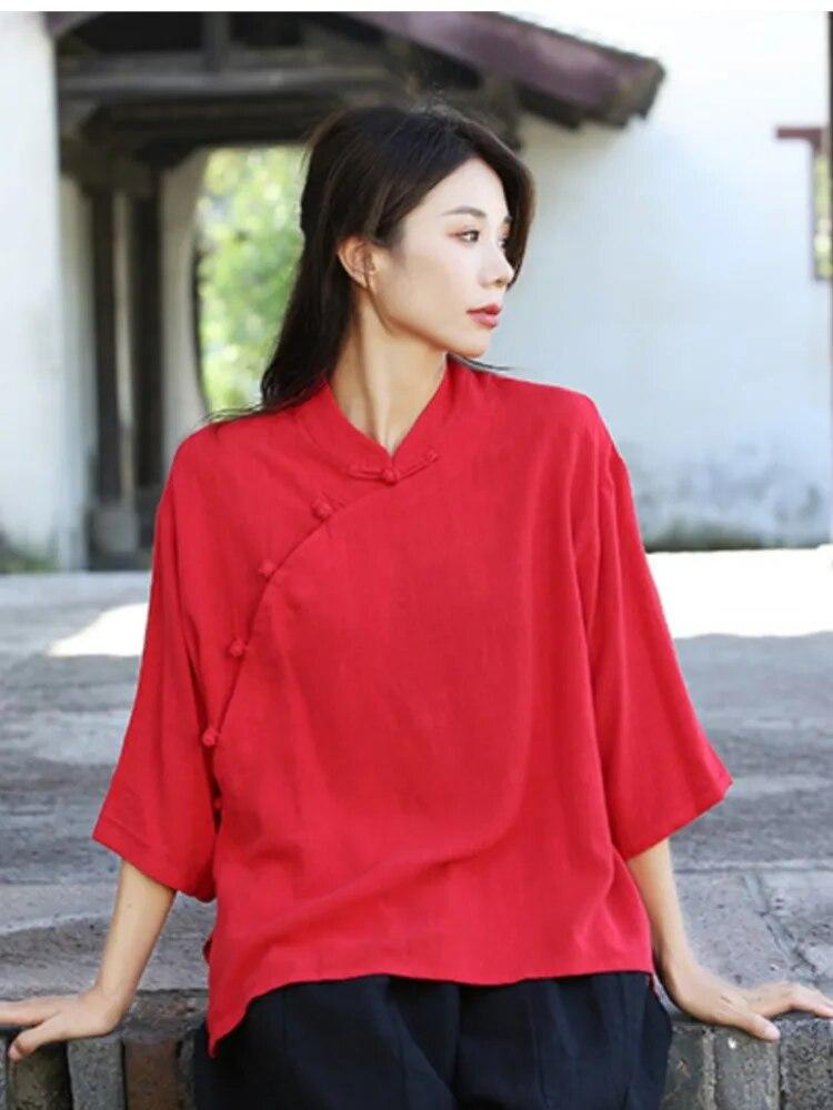 Johnature Jesienna kobieta, jednorzędowa, lniana koszula w stylu vintage z klamrą, modny kołnierzyk z długimi rękawami, luźna koszula na co dzień