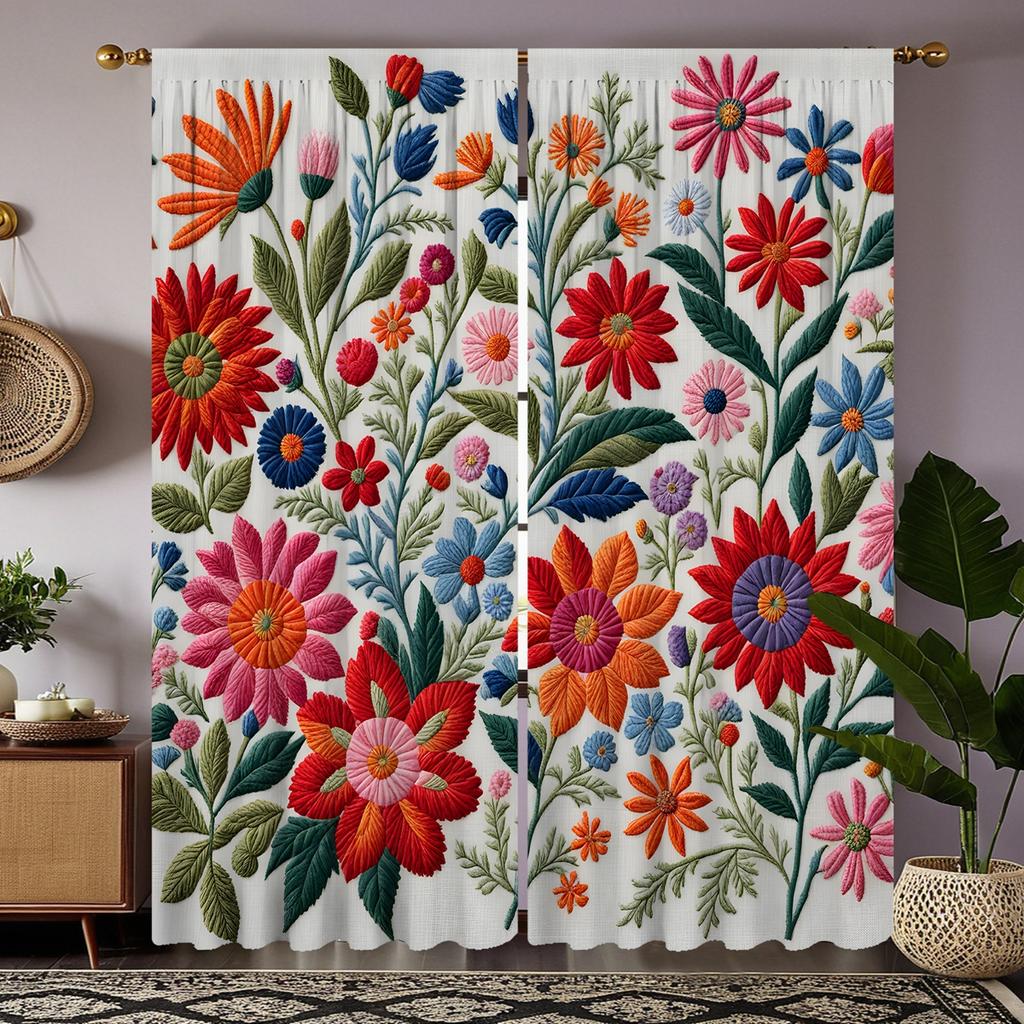 2pcs HD Chinese style embroidery three-dimensional flower decoration curtain Red tie digital printed curtain Home decoration