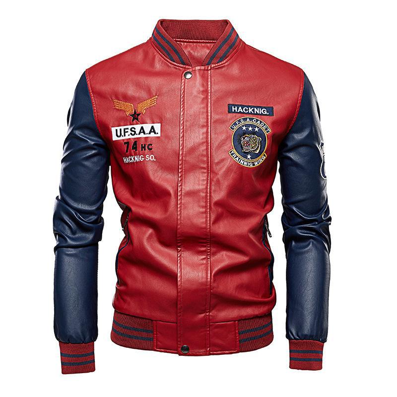Motorcycle Leather Jacket Men's Casual Embroidered Baseball Jersey Slim Fit Zipper PU Jacket