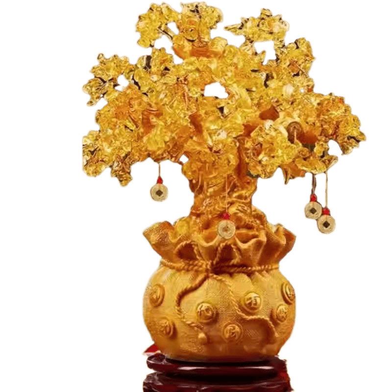 Citrine Money Tree Figurine: Attracts Wealth & Fortune, Perfect for Wine Cabinet or Living Room Entrance Decor.