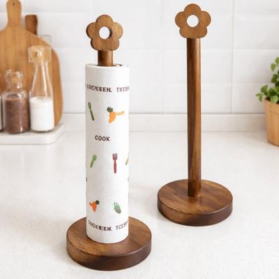 Punch Free Flower Shaped Paper Towel Stand Free Standing Movable Wood Paper Towel Holder Space Saving Roll Paper Towel Holder