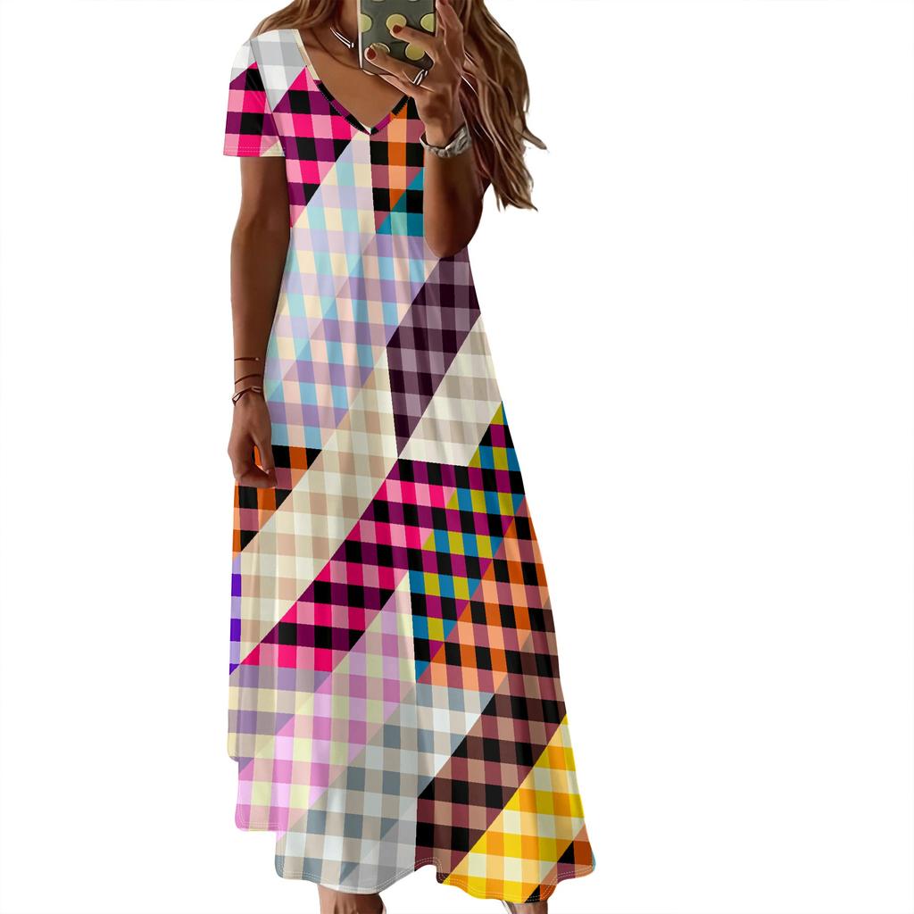 Summer Women's Short Sleeved V-neck Long Dress, 3D Fashionable Printed Pattern dress, Casual Vacation Style.