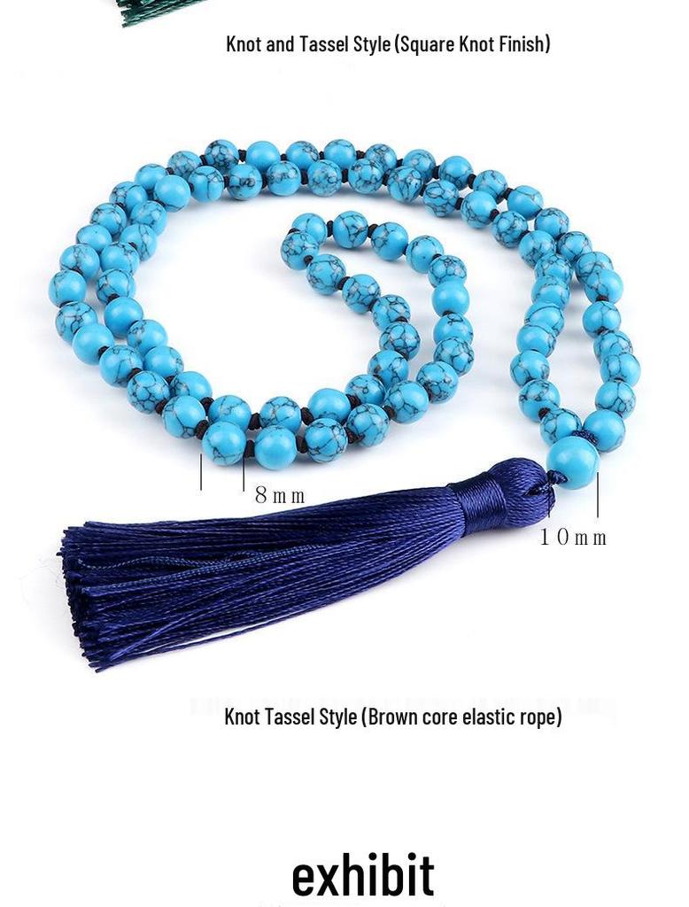 European 8mm Stone Bead Tassel Necklace and Multi-Strand Buddhist Bead Bracelet
