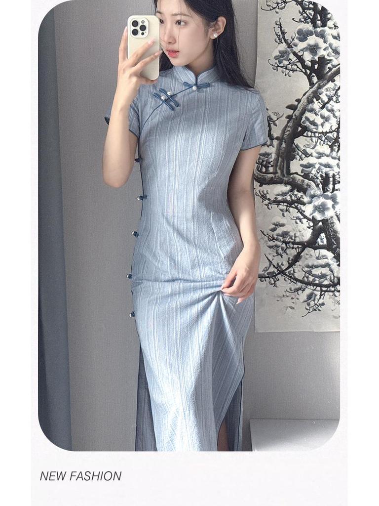 Evening Mist 2024 Summer Striped Cheongsam Dress: Short-Sleeve, Age-Reducing Everyday Wear