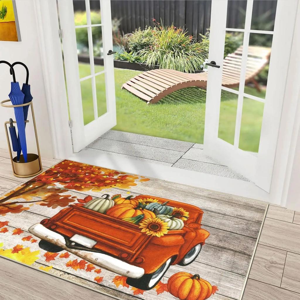 Fall Front Door Mat Vintage Truck Pumpkin Resist Dirt Doormats Non-Slip Washable Inside Entrance Floor Mats Home Decoration