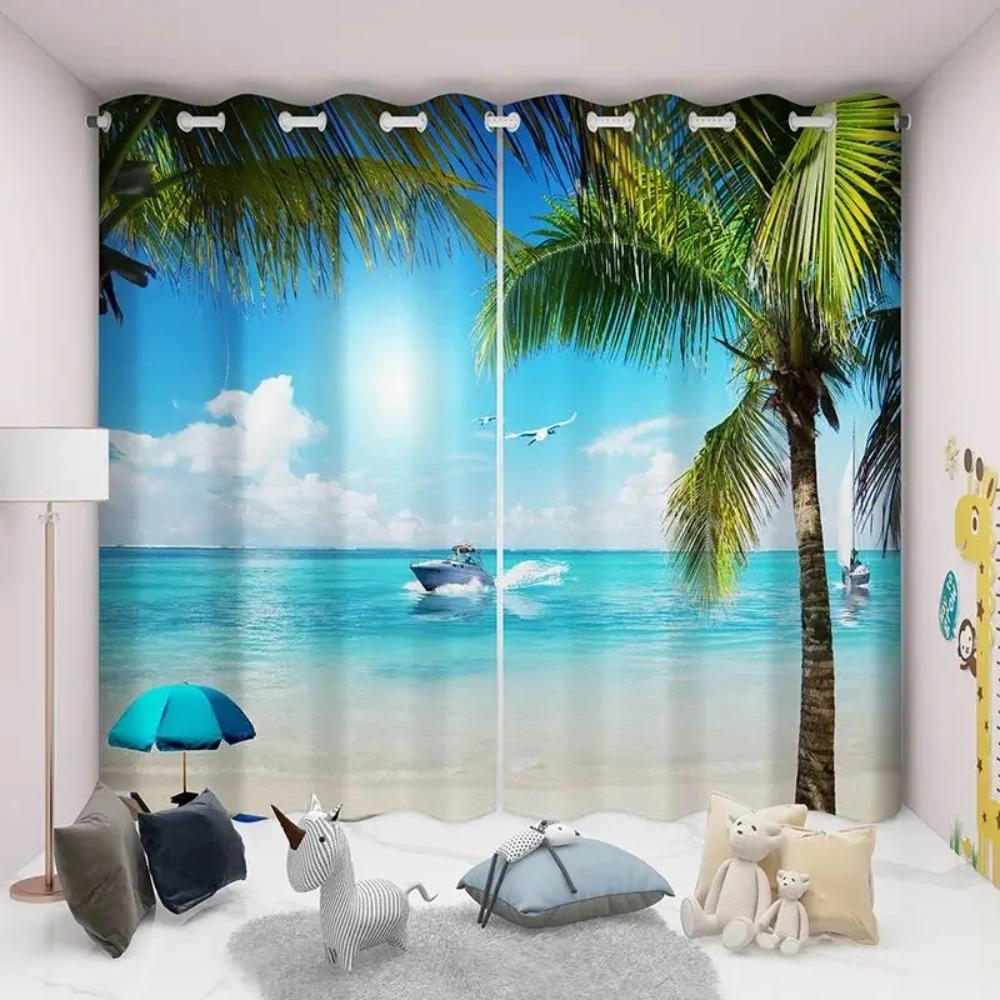 Quality 2 panels Landscape Sea Beach Seagull Printed Drapes Rod Pocket Design Easy To Install Curtains Washable Drapes For Living Room