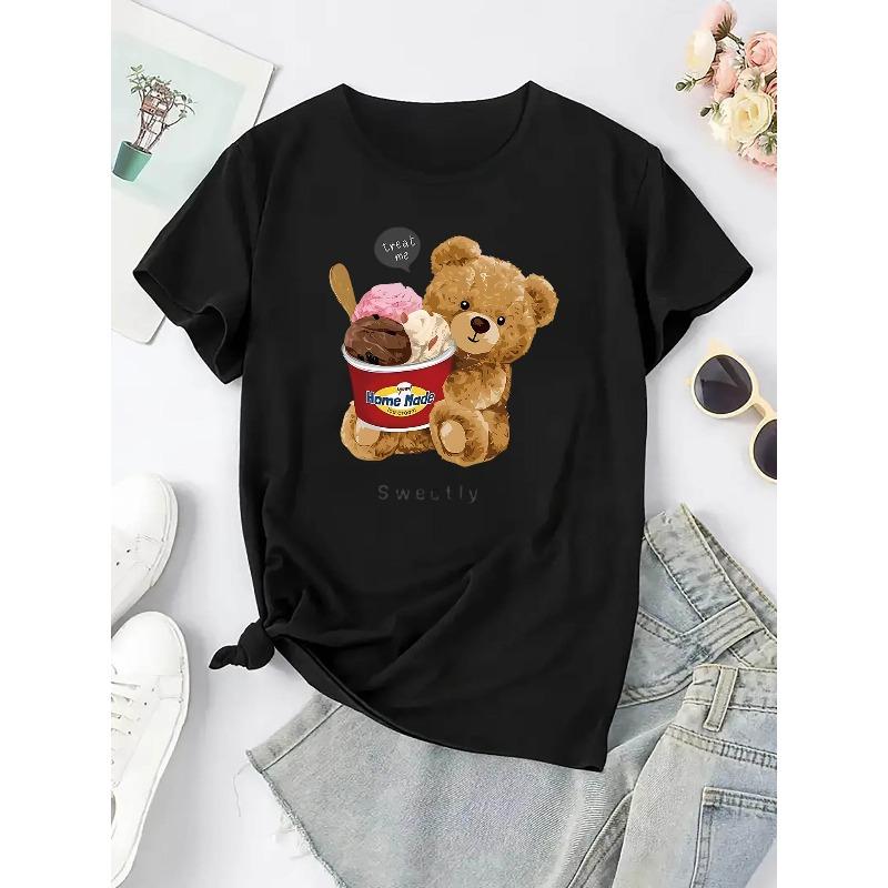 Women's Casual Short Sleeve T-Shirt with Cute Ice Cream Bear Graphic Print - Soft Stretch Round Neck Summer Top,