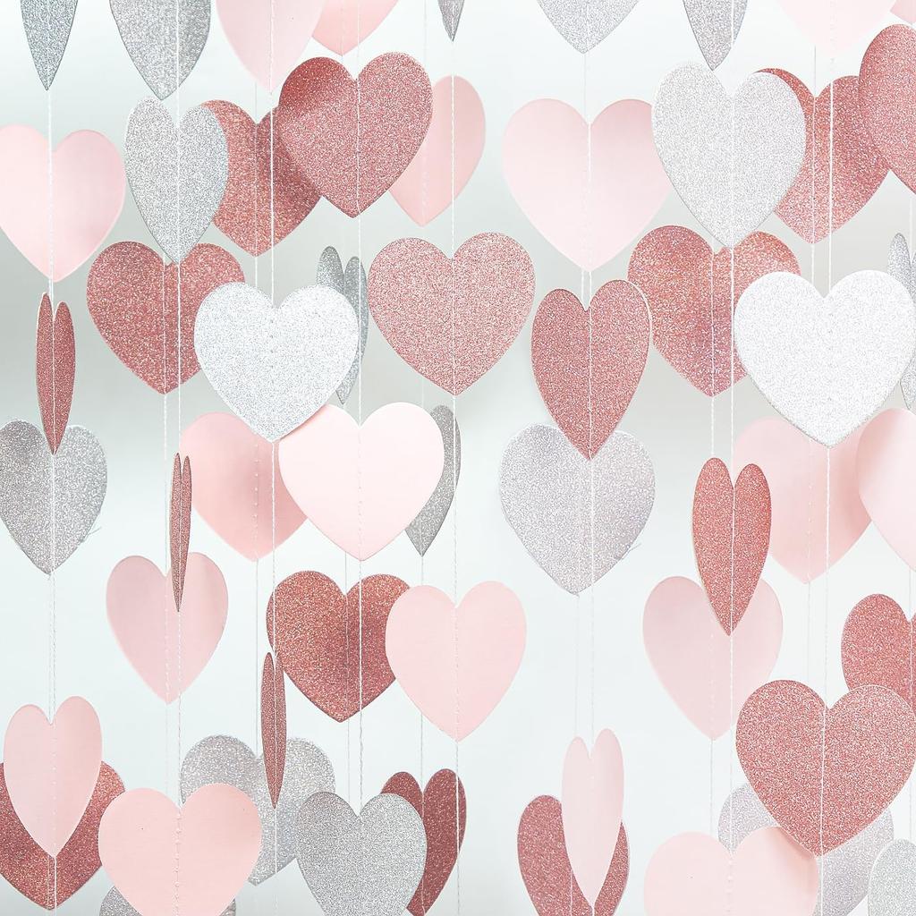 Rose-Gold Pink Burgundy Valentines Decorations - Paper Heart Garland 52ft Hanging Streamer Banner Engagement Mothers Day Wedding Anniversary Bridal
