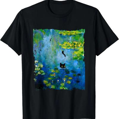 T-shirt Chat Noir Peinture Nénuphars de Monet Art Amoureux des Chats
