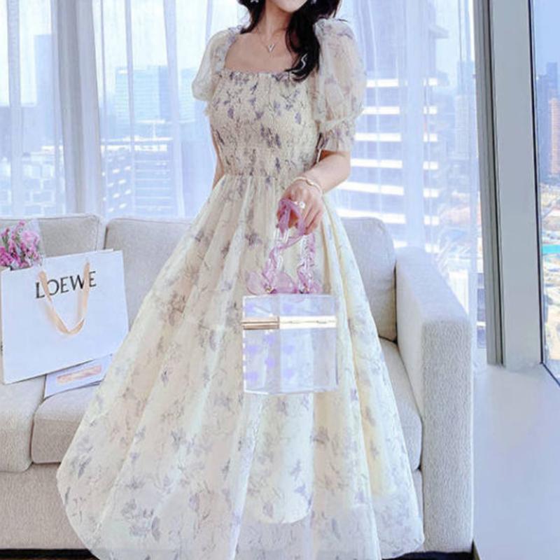 

Летнее французское винтажное шифоновое платье с цветочным принтом и квадратным воротником, пышными рукавами, платье трапециевидной формы, корейское элегантное модное платье для женщин S