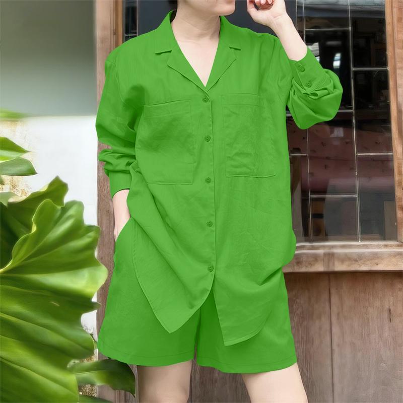ZANZEA Women Turn Down Collar Long Sleeve Blouse Summer Shorts Two Piece Outfits