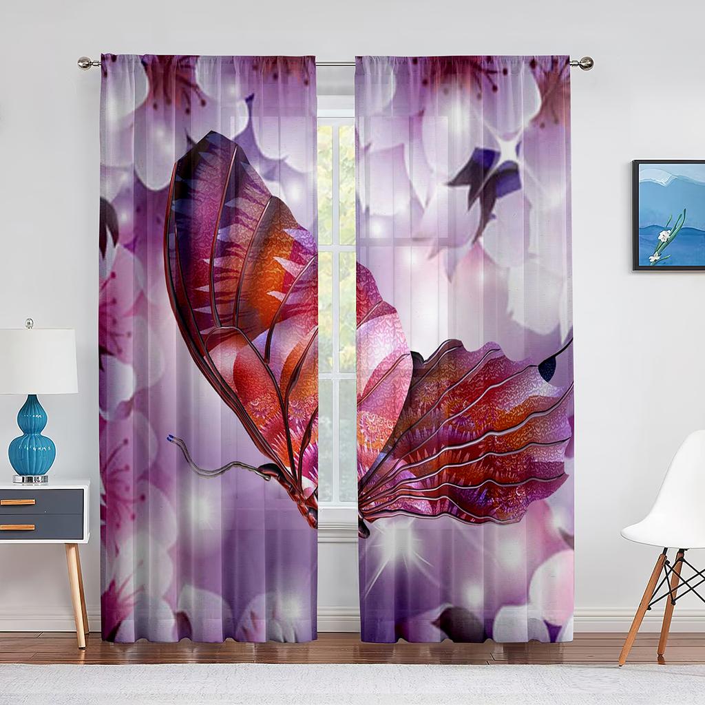 Spring Blue Floral Butterfly Sheer Curtain for Living Room Bedroom Home Kitchen Chiffon Tulle Curtains Window Treatment Decor