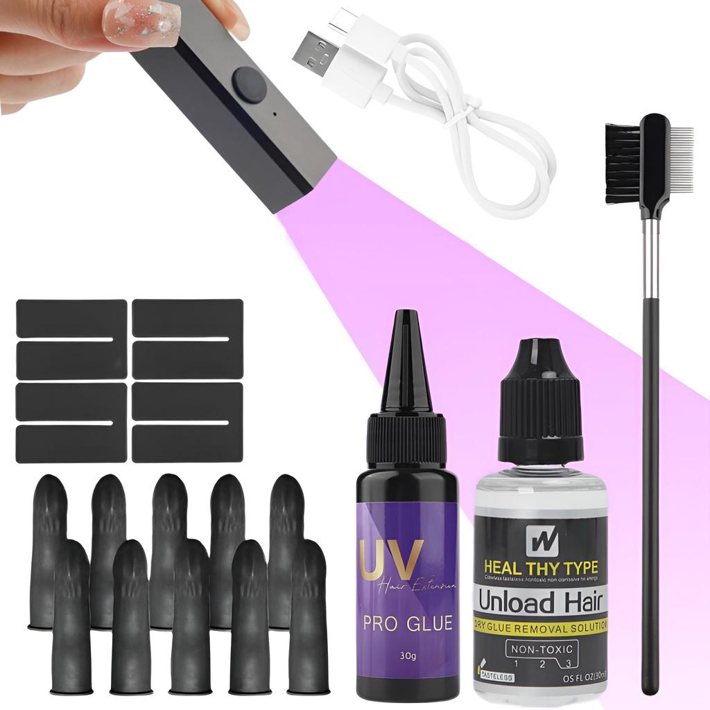 Sada Vše v jednom pro UV prodlužování vlasů: 30g Lepidlo, Odstraňovač, Nástroje a UV Lampa Nástroje na prodlužování vlasů Super Rychlý Odstraňovač s Neviditelným Prodloužením
