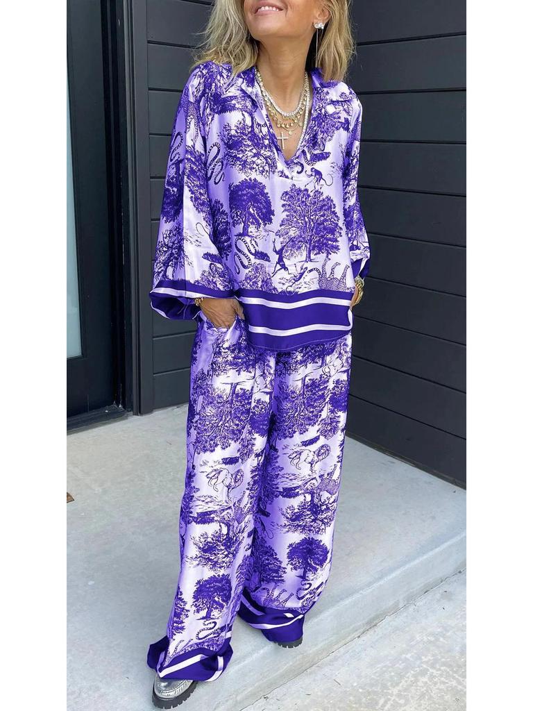 2024 V-neck Print Long Sleeve Women's Fashion Set with Pockets