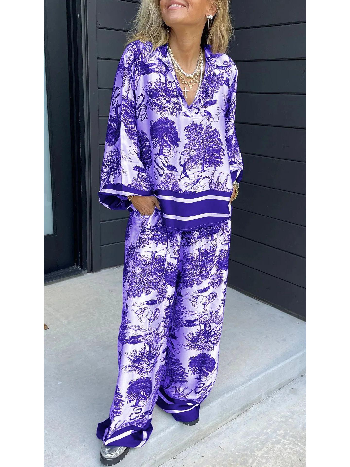 

Женский модный комплект с V-образным вырезом, принтом и длинными рукавами, с карманами, 2024 XXL фиолетовый