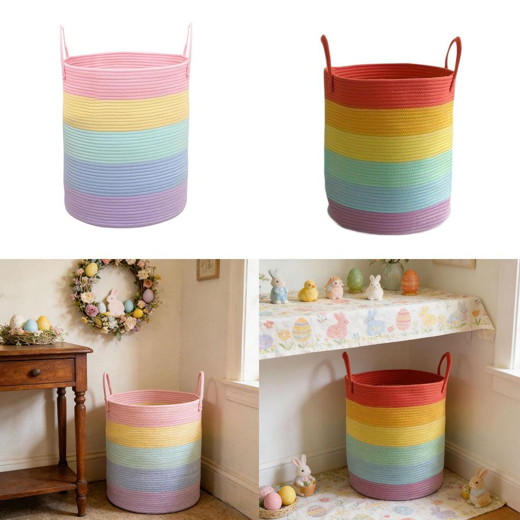 Cotton Rope Laundry Basket Freestanding Storage Bin Spacious Woven Hamper with Handles for Clothes and Toys