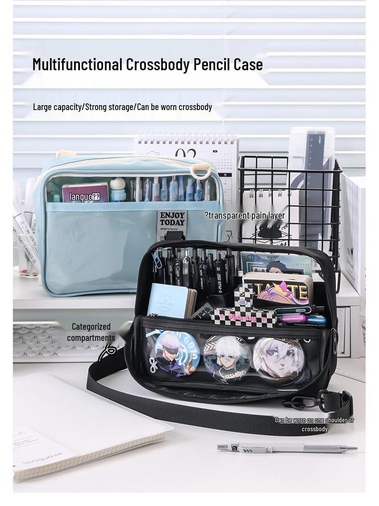 Large Capacity Blue Transparent Ita Pencil Case - Stylish and Functional for Students