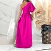 Women's Color Ruffle Slanted Shoulder Hem Slit Dress
