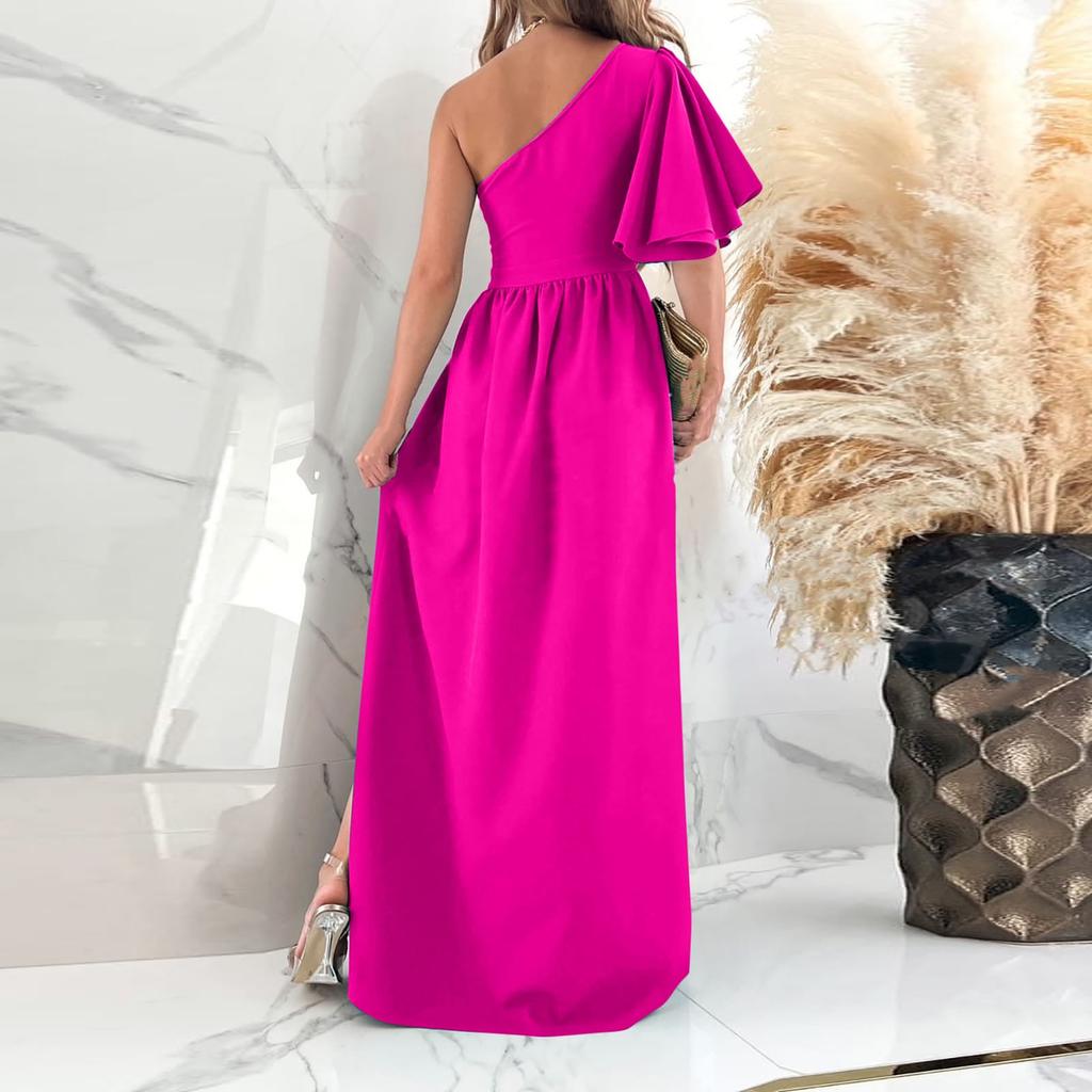Women's Color Ruffle Slanted Shoulder Hem Slit Dress