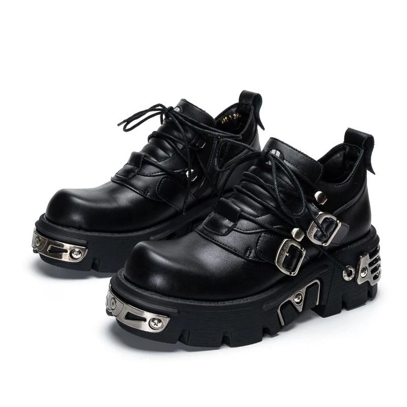 New Dark Punk Style Woman Gothic Flame Carved Vintage Rock Boots Leather Shoes Metal Niche Low Top Platform Shoes