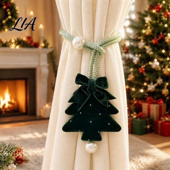 Reusable Christmas Decorations Tree Curtain Tieback, Green Velvet Holder with Bow And Festive Door Handle Pendants Faux Pearl, Decorative Drape