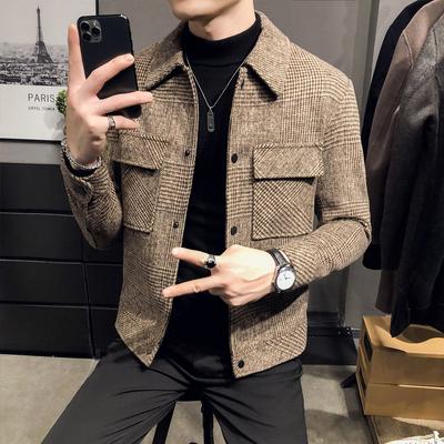 Erkek Polo Yaka Ceket Moda Slim Fit Takım Elbise Ceket Yüksek Kalite Kareli Çok Cepli Kore Günlük Ceket Büyük Beden