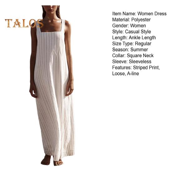 Καλοκαιρινό Γυναικείο Αμάνικο Ηλιοφόρεμα με Τετράγωνη Λαιμόκοψη, Ριγέ, Φαρδύ, Α-γραμμής, Μάξι Μήκος Αστραγάλου, Παραλίας, Μακρύ Φόρεμα για Καθημερινή Χρήση, Μετακίνηση, Ραντεβού